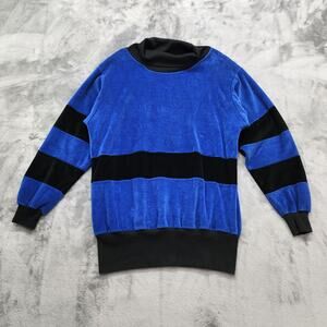 Vintage Como Sport Top Womens M Blue Black Color Block Velvet Velour Cowl Neck